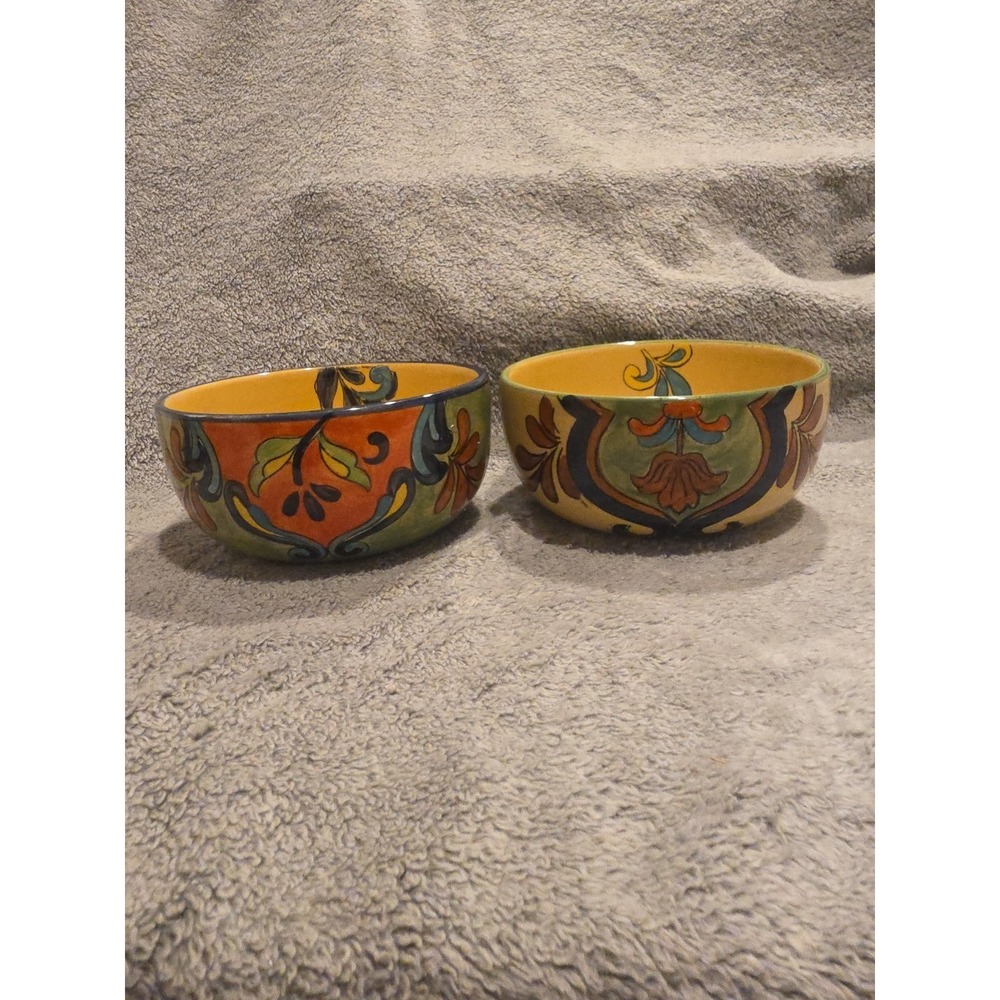 Set Of 2 Talavera Bowls Bright Multicolored Floral Designs Soup Cereal